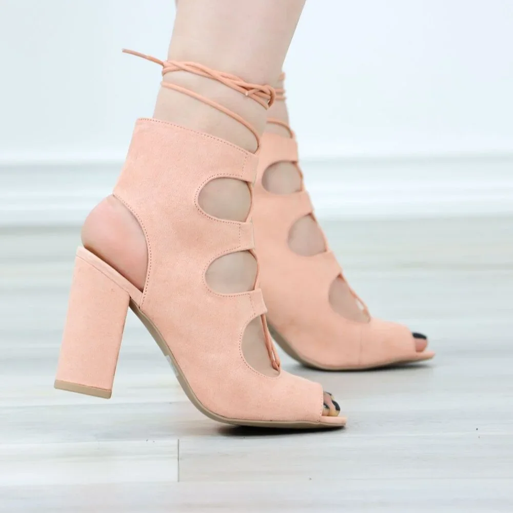 Peach Lace-Up Heels Cutout Open Toe Chunky Heel Sandals Faux Suede